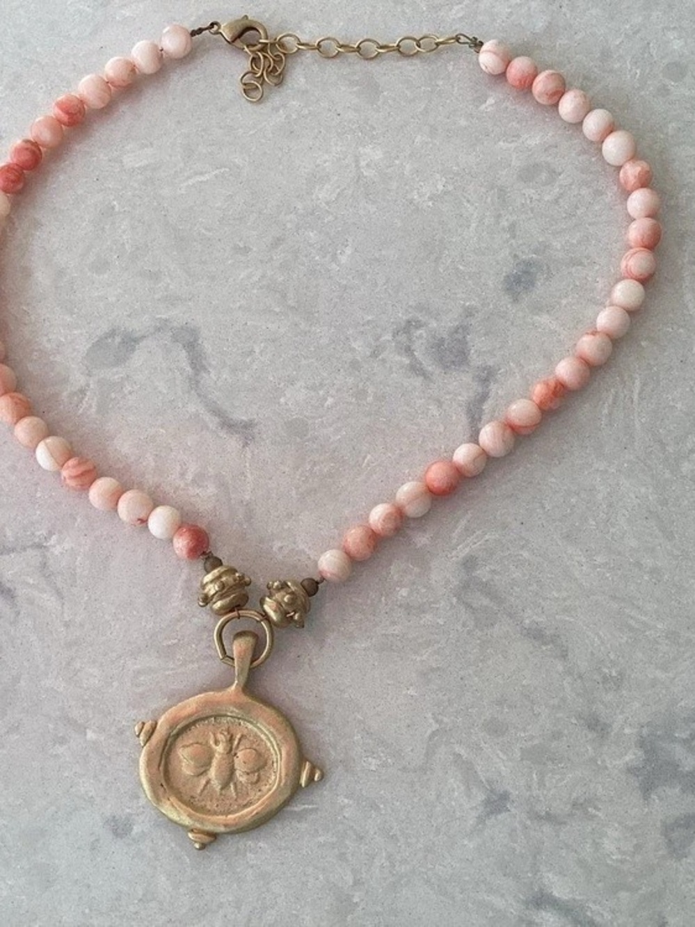 Susan Shaw Pink Coral Beaded Necklace w Gold Bee Intaglio